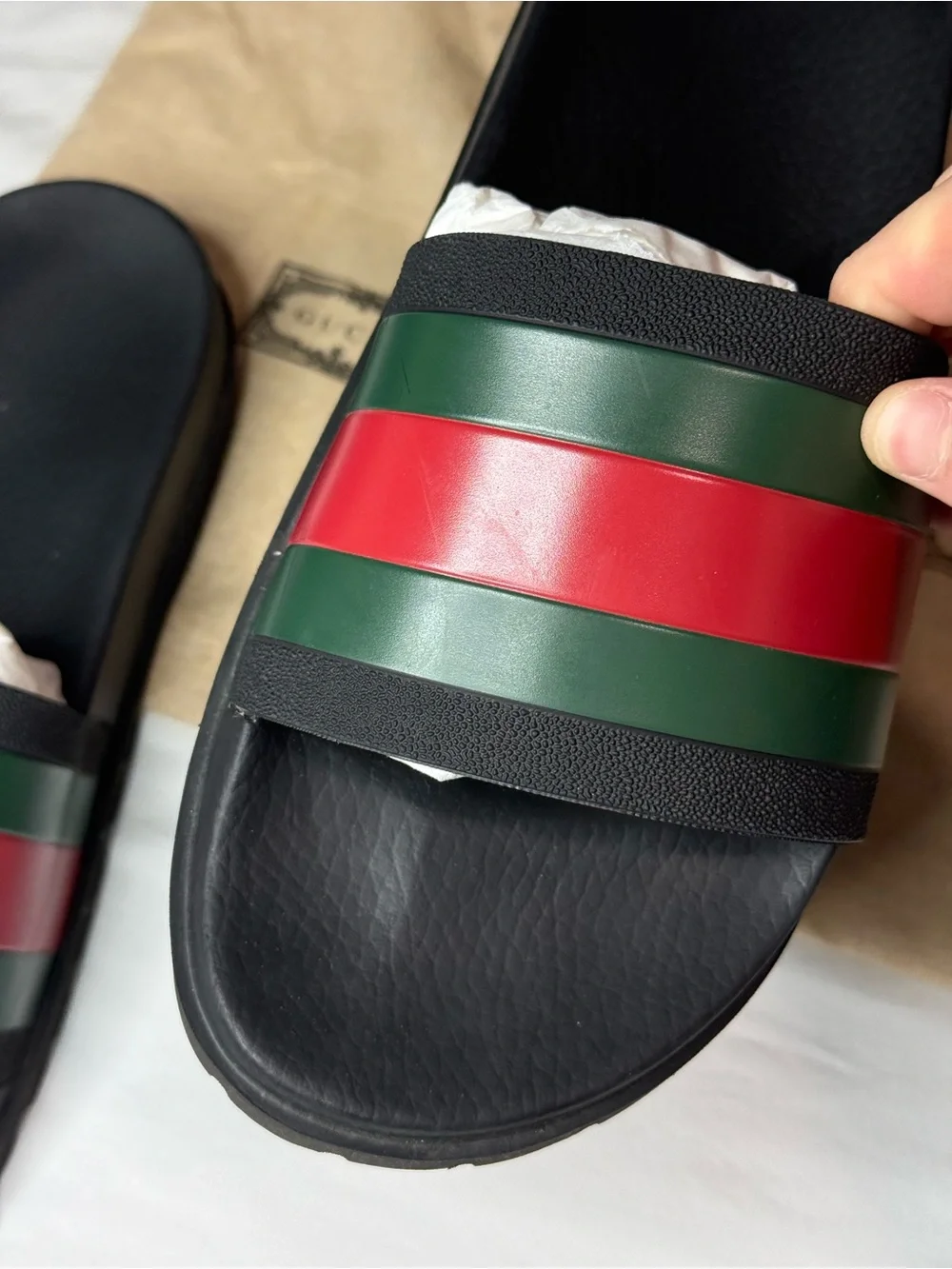 Gucci Black Slides with Green & Red Web Stripes